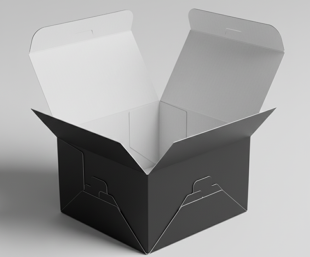 Caja plegable de cartón color negro con interior blanco, completamente armada y abierta, mostrando estructura y pestañas de ensamblaje. Cajas Plegadizas de Alto Impacto