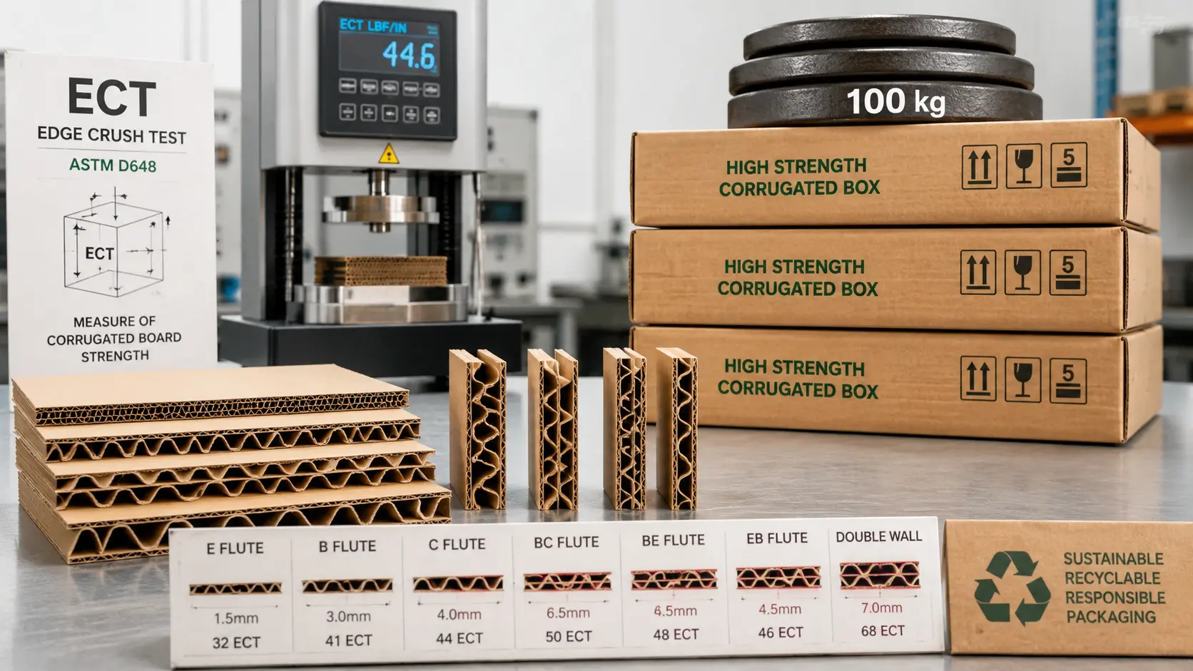 Cajas corrugadas de alta resistencia junto a prueba ECT, muestras de flauta de cartón y símbolos de empaque reciclable y sostenible. Empaques Sostenibles