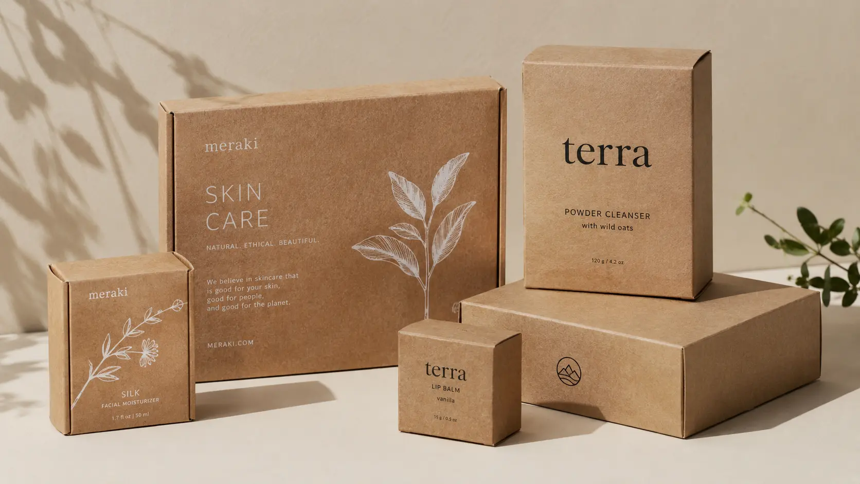 Empaques de cartón kraft para productos de cuidado personal natural, con diseño minimalista, ilustraciones botánicas y estética sostenible. Empaques Sostenibles