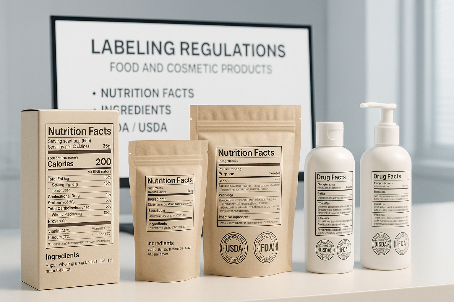 Varios empaques de alimentos y cosméticos con etiquetas tipo Nutrition Facts y Drug Facts en un entorno limpio y profesional, junto a un cartel sobre regulaciones de etiquetado FDA/USDA. Packaging para exportación