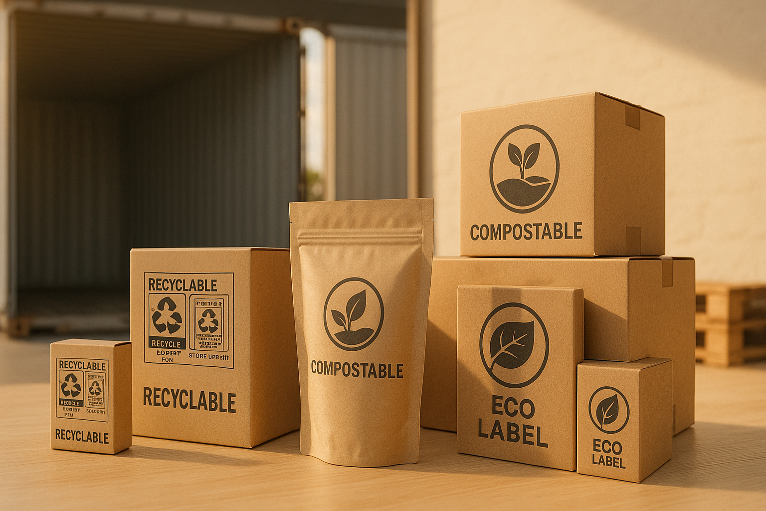 Cajas y bolsas de cartón kraft con sellos ecológicos de ‘Compostable’, ‘Recyclable’ y ‘Eco Label’ colocadas frente a un contenedor abierto, iluminadas por luz cálida al atardecer. Packaging para exportación