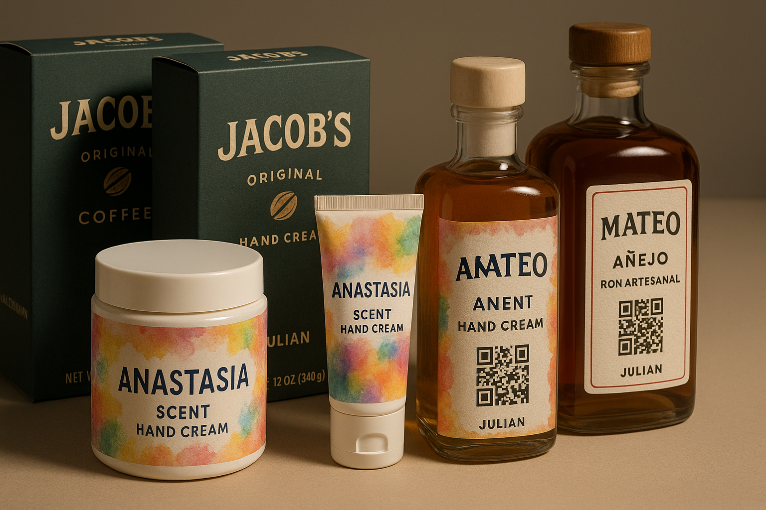 Fotografía de productos personalizados Fotografía de productos personalizados con etiquetas impresas, incluyendo cremas de manos, frascos de ron artesanal y cajas de café con diseños variados y nombres individuales. Las etiquetas muestran detalles coloridos y tipografía elegante, destacando la calidad del empaque y la impresión de etiquetas personalizadas. impresión digital empaques RD