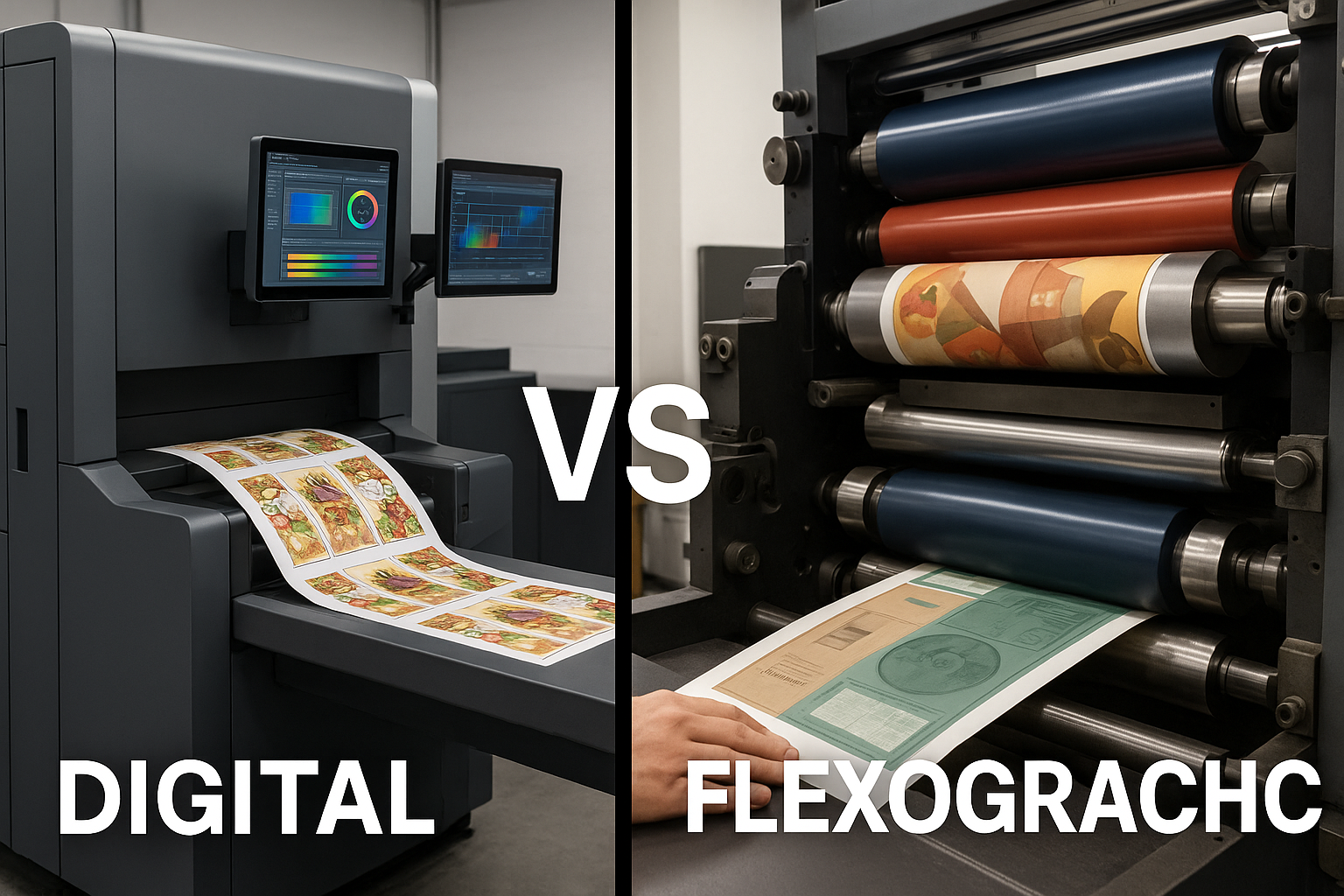 Comparativa visual entre impresión Comparativa visual entre impresión digital y flexográfica. A la izquierda, una impresora digital moderna imprime etiquetas a color con pantallas de control; a la derecha, una prensa flexográfica con rodillos en funcionamiento muestra el proceso tradicional de impresión. Texto central: “Digital vs Flexographic”. impresión digital empaques RD