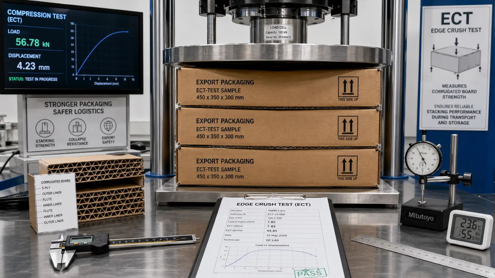 Prueba de compresión ECT aplicada a cajas de cartón para exportación, con medición de resistencia, control de calidad y desempeño logístico. Cajas de Exportación