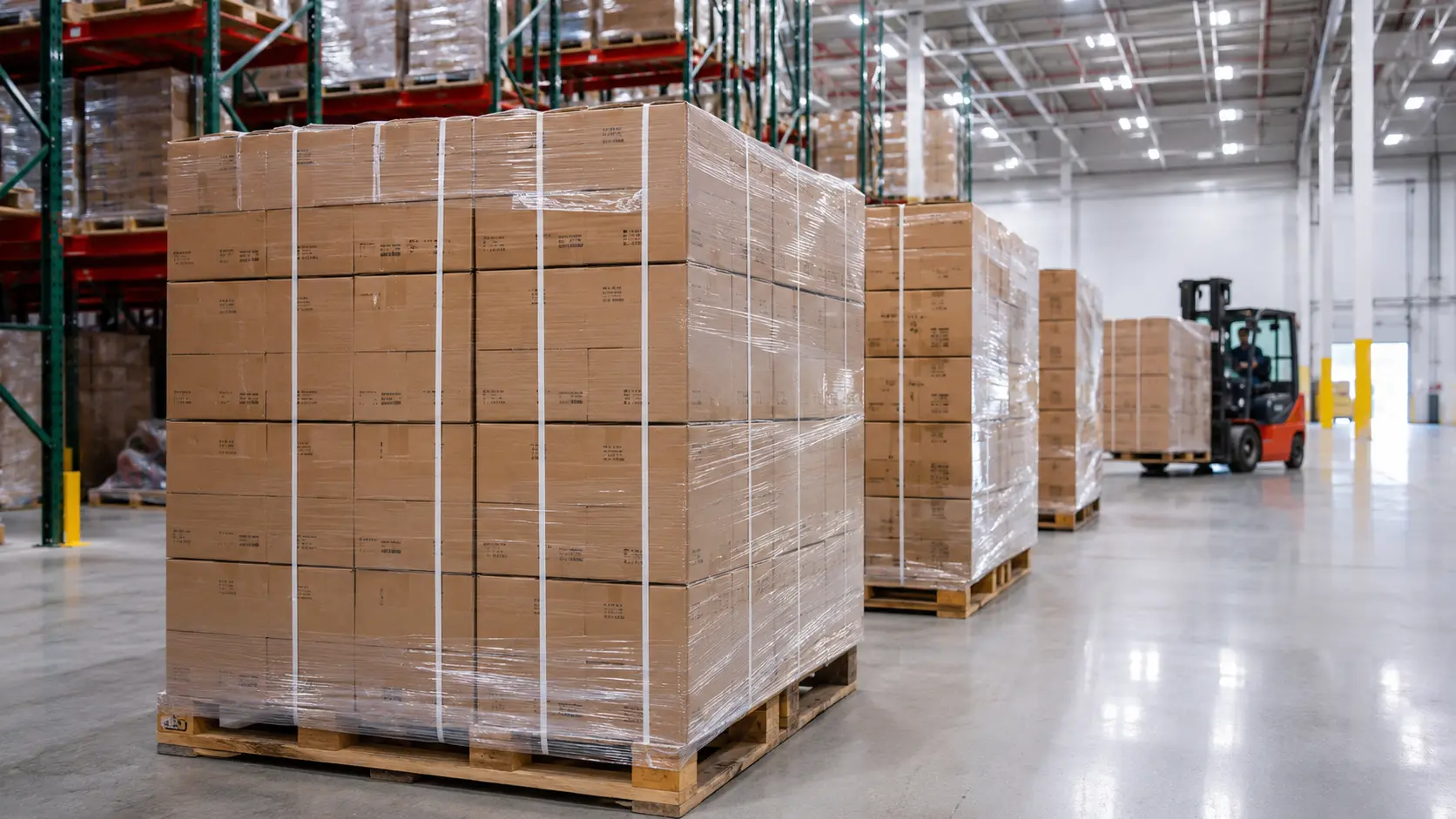 Almacén industrial con pallets de cajas embaladas en plástico, listas para despacho y movilizadas con montacargas. Cajas de Exportación