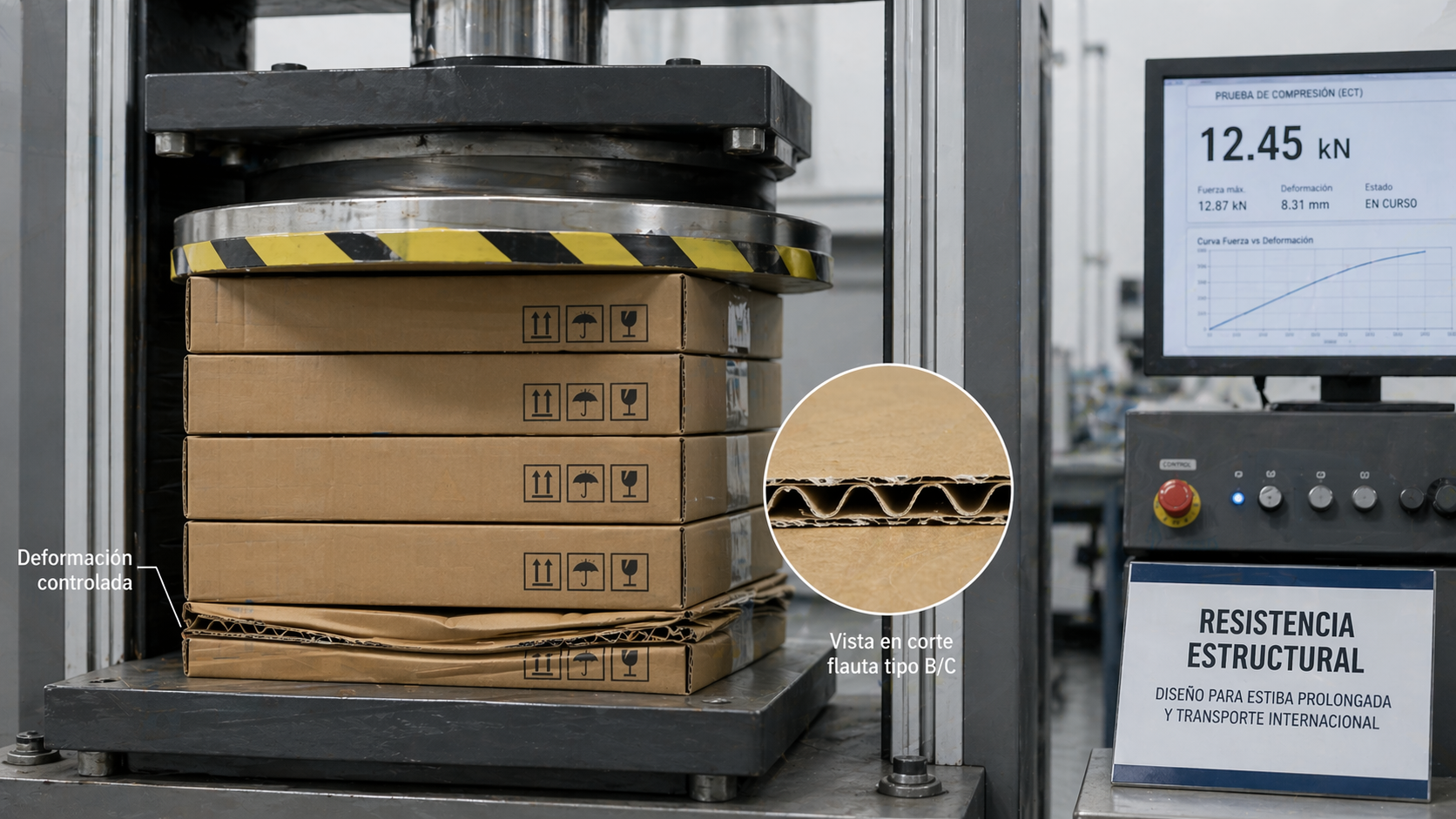 Prueba de compresión en cajas de cartón corrugado mostrando resistencia estructural con máquina ECT, deformación controlada y vista del perfil de flauta tipo B/C para embalaje. Cajas para Exportar