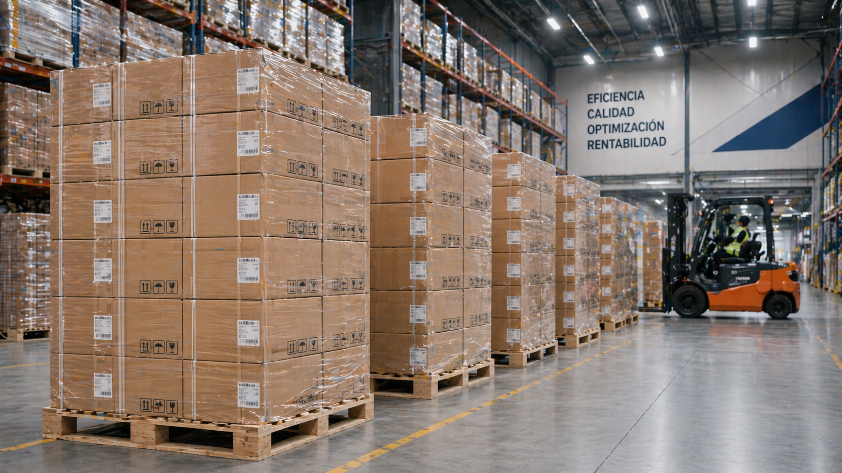 Almacén logístico con pallets de cajas corrugadas envueltas en film y montacargas operando, destacando eficiencia, optimización de inventario y almacenamiento industrial. Cajas para Exportar