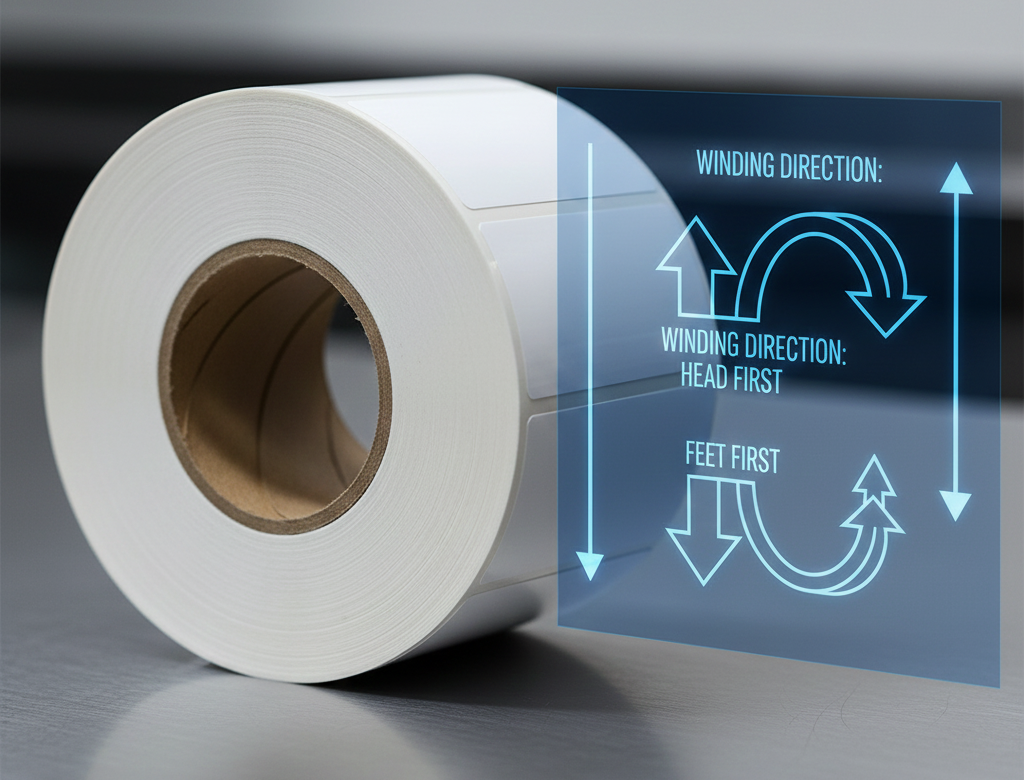Rollo de etiquetas autoadhesivas blancas sobre superficie metálica, acompañado de un gráfico digital que muestra direcciones de enrollado “head first” y “feet first” con flechas explicativas. Etiquetas en Rollo vs. Cortadas