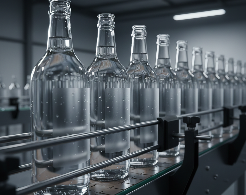Fila de botellas de vidrio transparente avanzando en una línea de producción, con etiquetas difuminadas y gotas de condensación, en un entorno industrial moderno. Etiquetas en Rollo vs. Cortadas