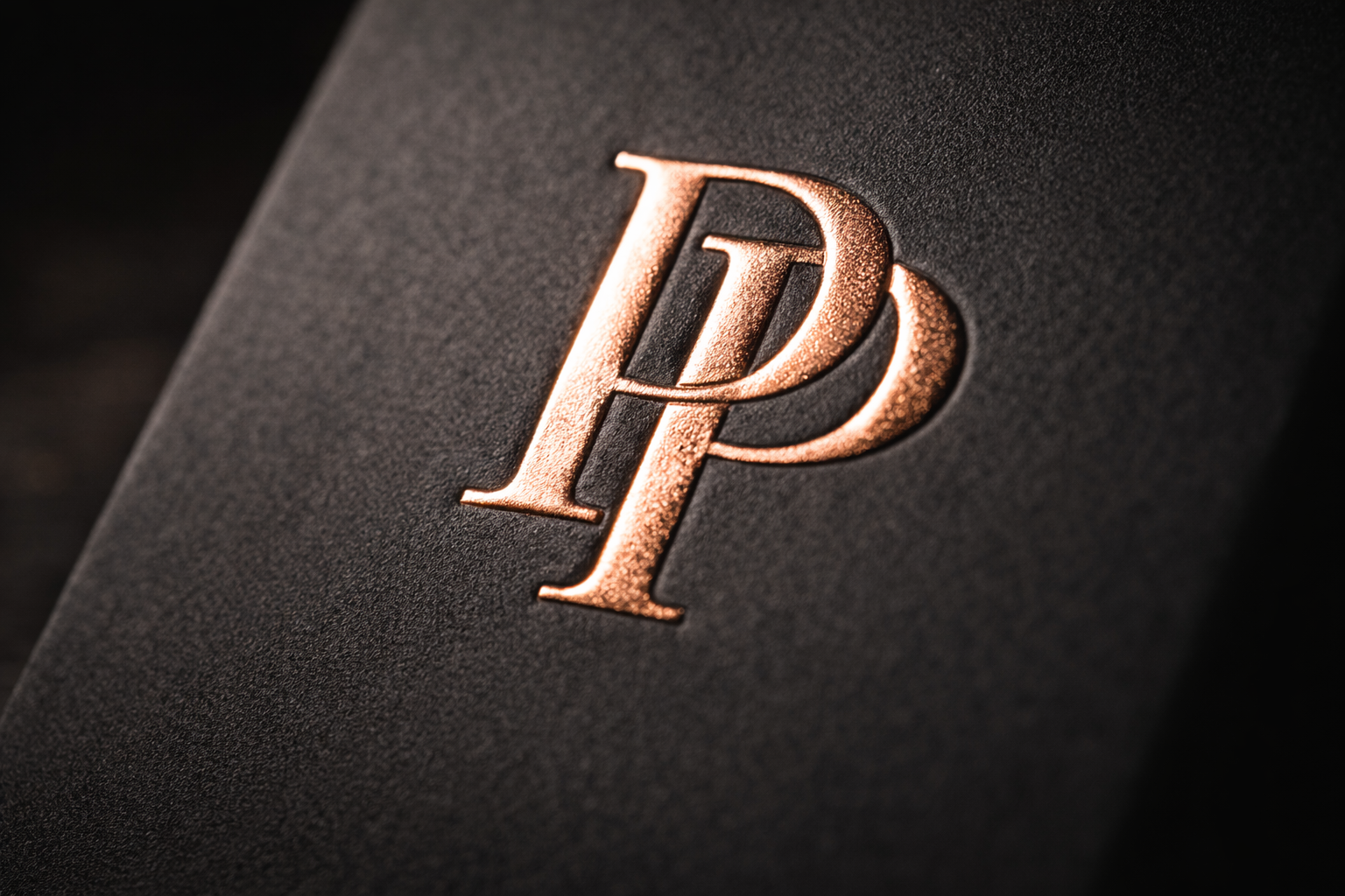 Logotipo dorado con relieve sobre caja negra de empaque premium, con textura elegante y acabado metalizado utilizado en packaging de lujo. Acabados de Lujo