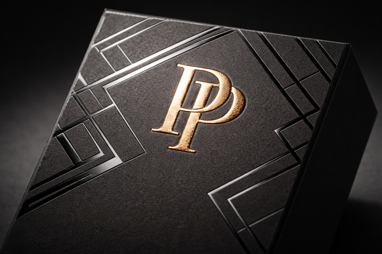 Caja negra de empaque premium con diseño geométrico en relieve y logotipo dorado metalizado, representando packaging de lujo para productos exclusivos. Acabados de Lujo