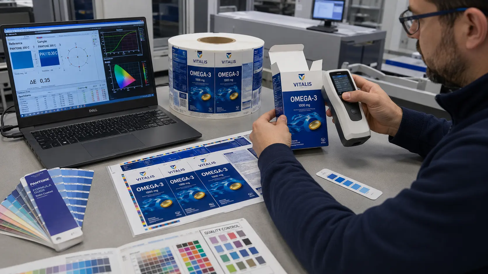 Técnico revisando el color de una caja Omega-3 con equipo de medición, junto a etiquetas impresas, guía Pantone y pruebas de control de calidad. Cajas y Etiquetas.