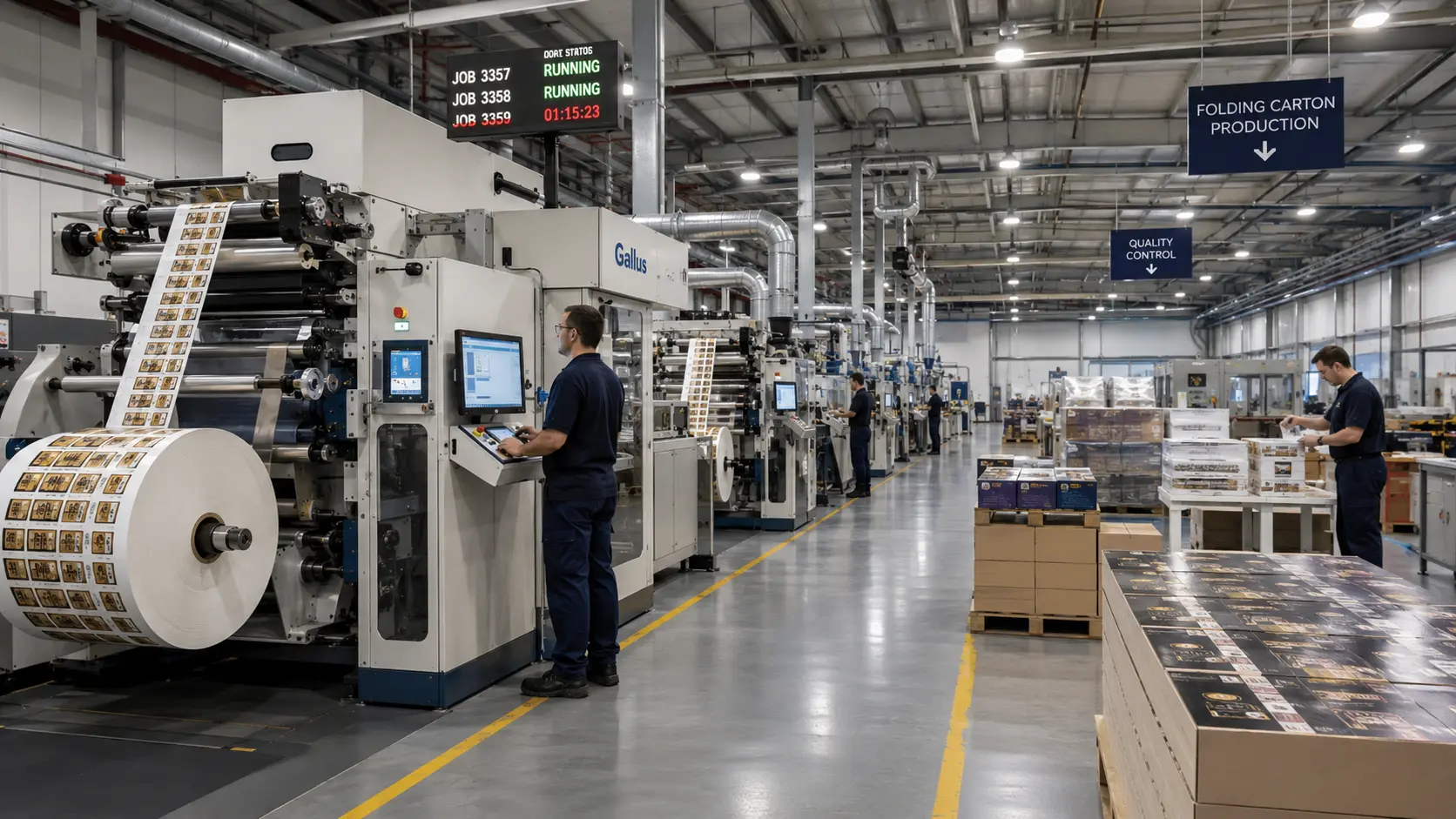 Planta industrial de producción de empaques plegadizos con maquinaria de impresión, operarios, bobinas impresas y cajas terminadas en proceso de control de calidad. Cajas y Etiquetas