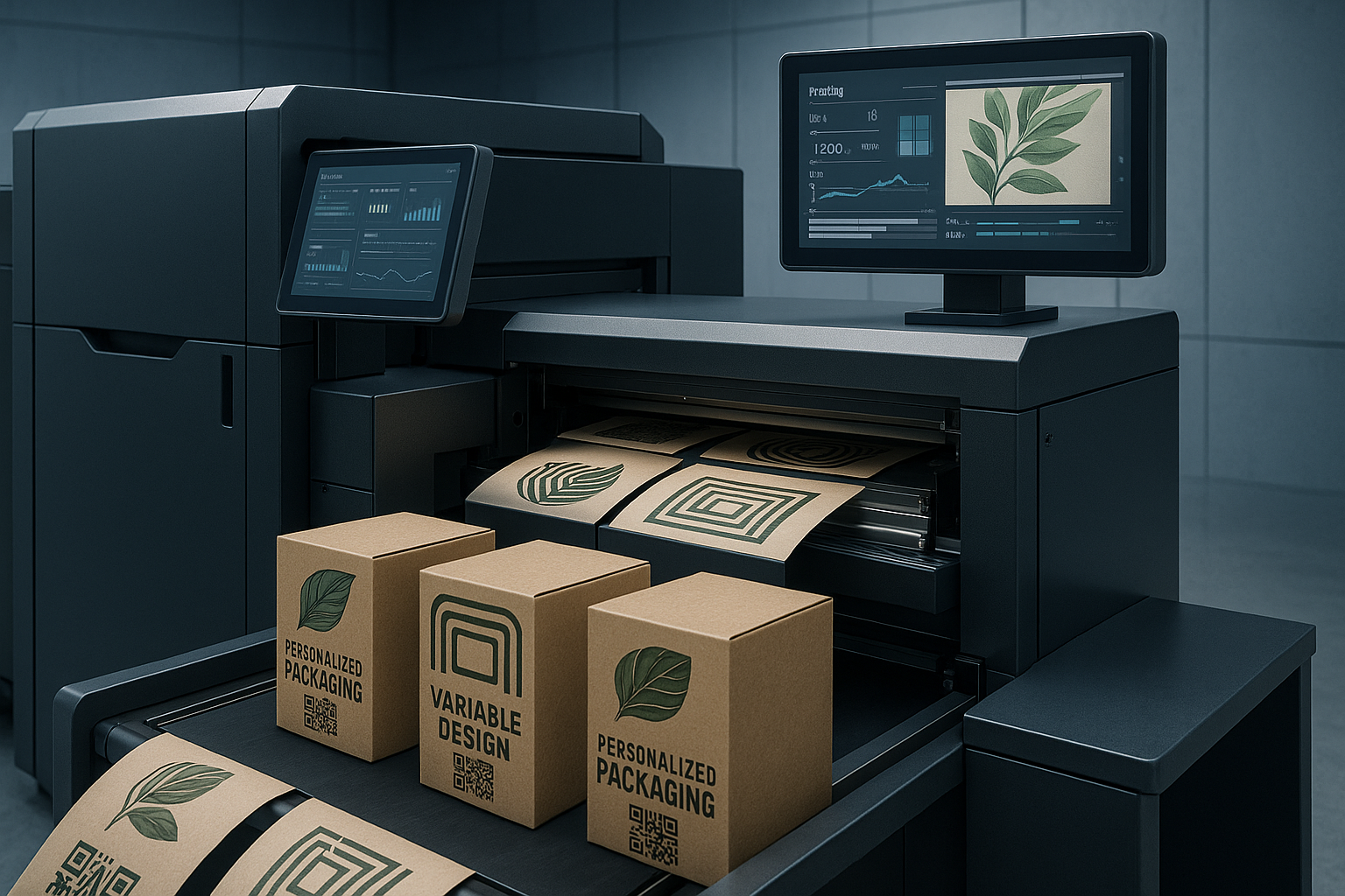 Impresora digital produciendo cajas de cartón personalizadas con diseños ecológicos y códigos QR, representando las Tendencias de empaques sostenibles y la personalización mediante impresión digital