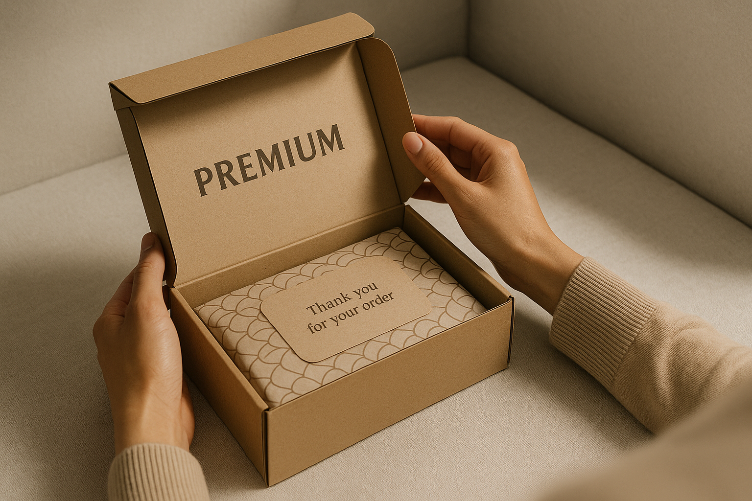 Persona abriendo una caja de cartón premium con mensaje de agradecimiento en su interior, reflejando las Tendencias de empaques orientadas a la experiencia del cliente y el diseño minimalista.
