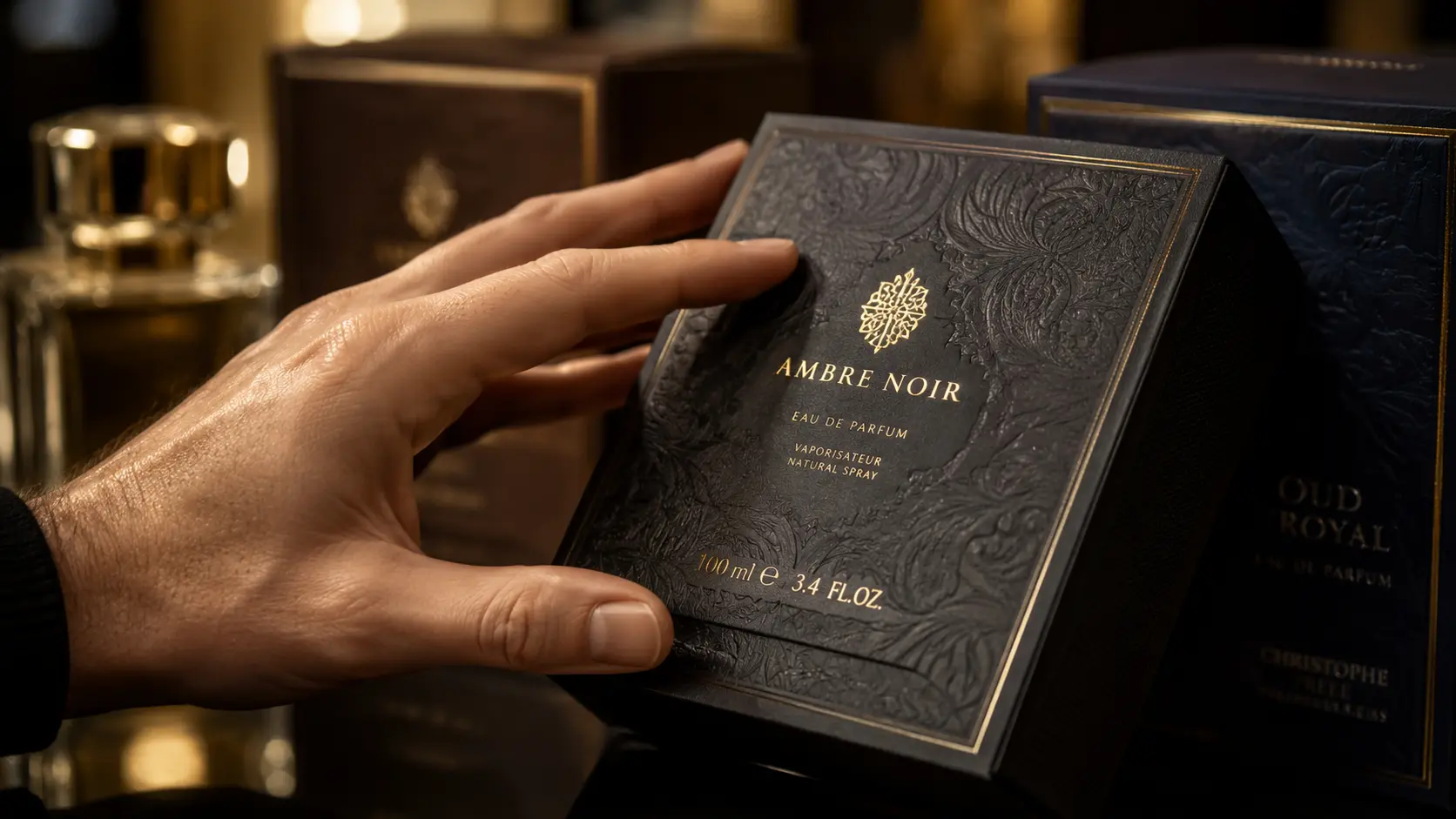 Mano sosteniendo un empaque negro premium para perfume con textura en relieve, detalles dorados y acabado elegante en ambiente de lujo. Acabados Premium