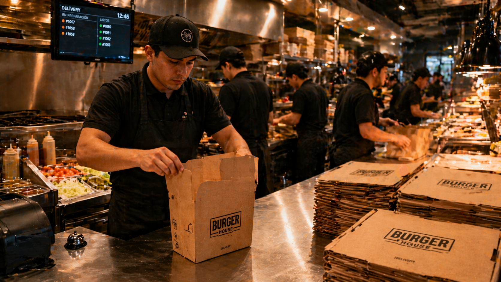 Cocina profesional de restaurante preparando pedidos para delivery, con operario armando cajas de cartón tipo burger con branding y línea de producción activa en segundo plano. Empaques para Delivery.