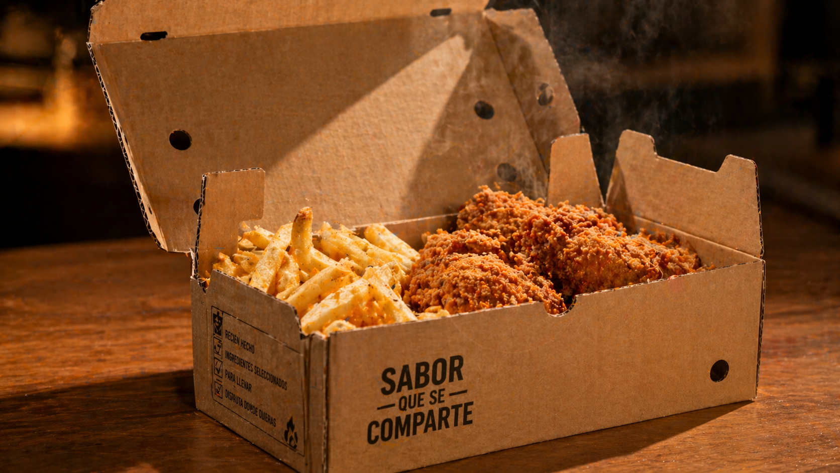 Caja de comida para delivery abierta con pollo frito y papas, mostrando empaque de cartón resistente que conserva calor y calidad de alimentos listos para compartir. Empaques para Delivery.