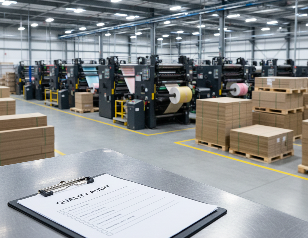Vista de una planta de impresión industrial con varias máquinas funcionando en línea; en primer plano, un portapapeles con una hoja titulada “Quality Audit” en una mesa metálica. Cómo auditar a su proveedor de empaques