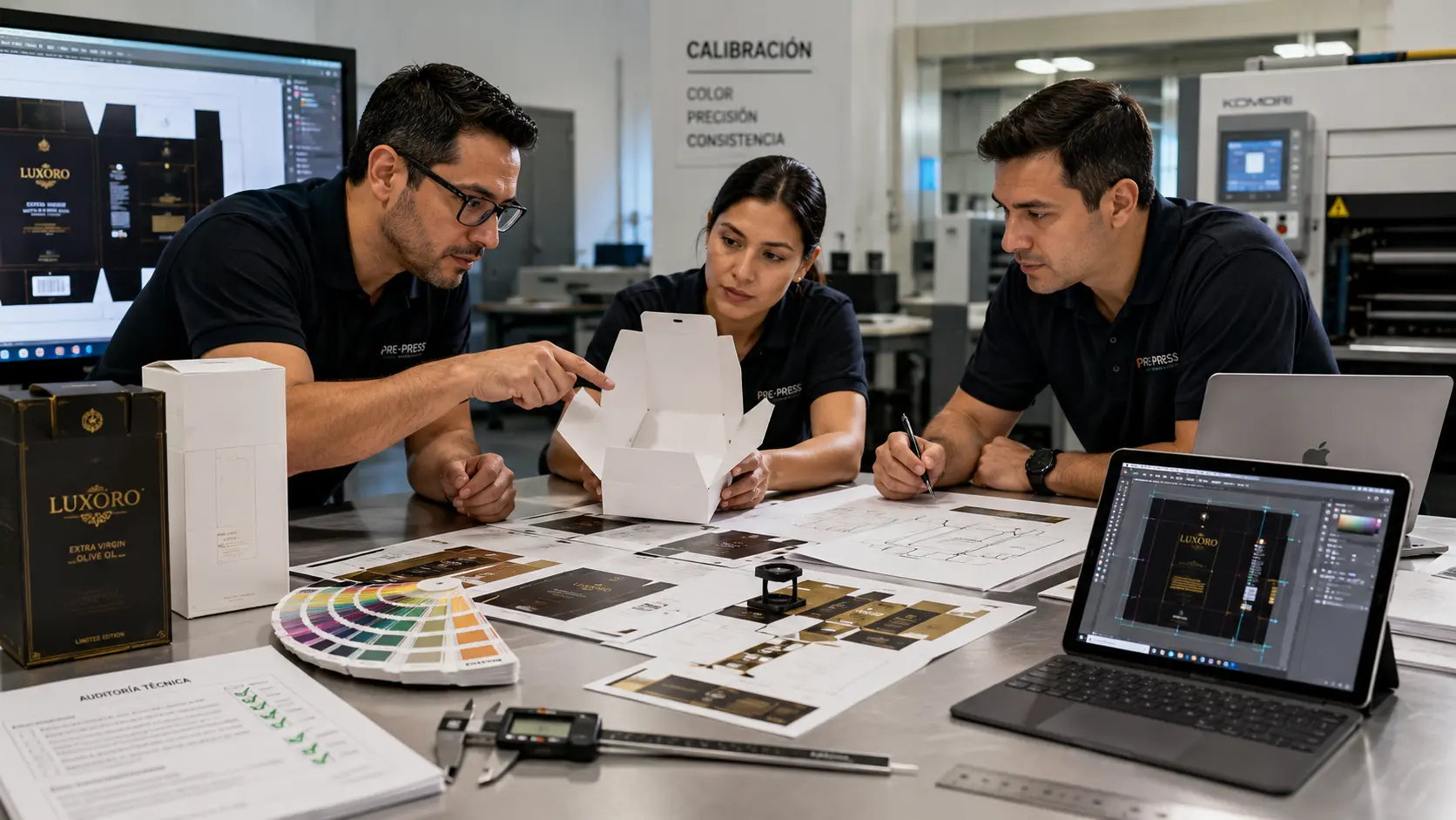 Equipo de preprensa evaluando troquel, calibración de color, planos estructurales y diseño gráfico de un empaque premium antes de imprimir. Errores al Cotizar