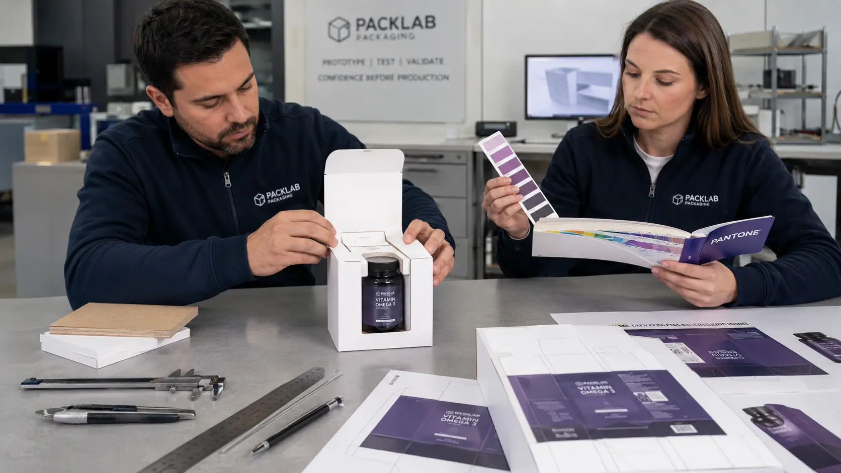 Equipo de PackLab revisando un prototipo de empaque para suplemento, comparando estructura, muestras de color Pantone y artes finales antes de producción. Errores al Cotizar