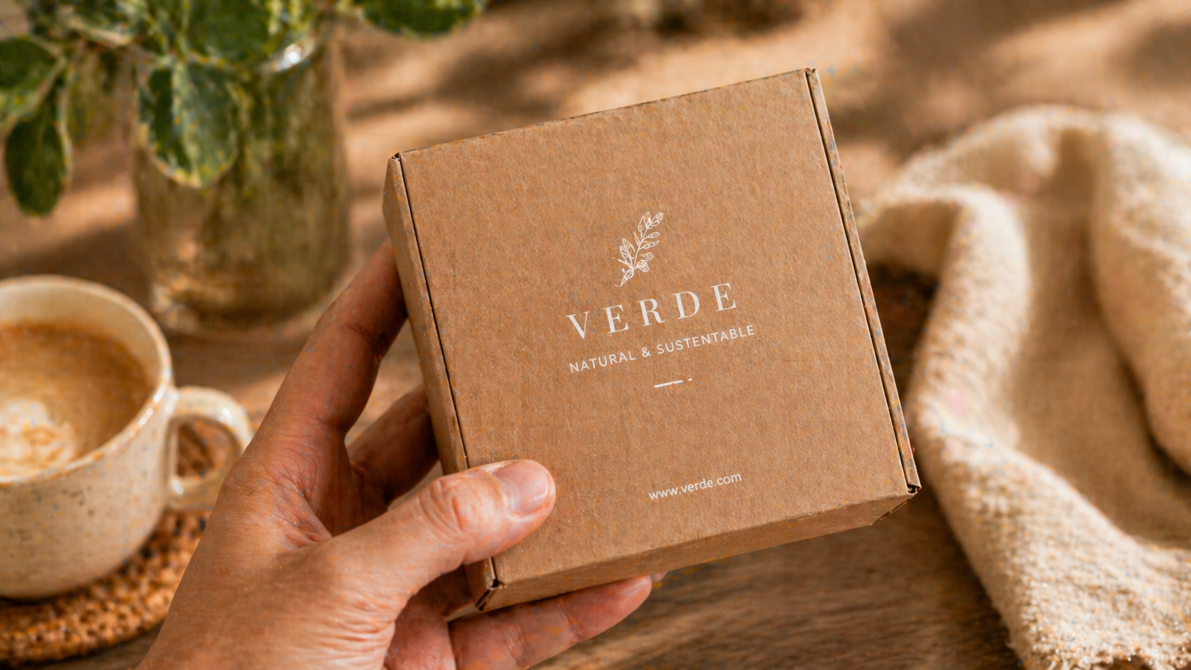 Caja de cartón kraft sostenible con branding “Verde Natural & Sustentable” sostenida en mano, en entorno natural con elementos orgánicos que refuerzan el concepto ecológico del empaque.