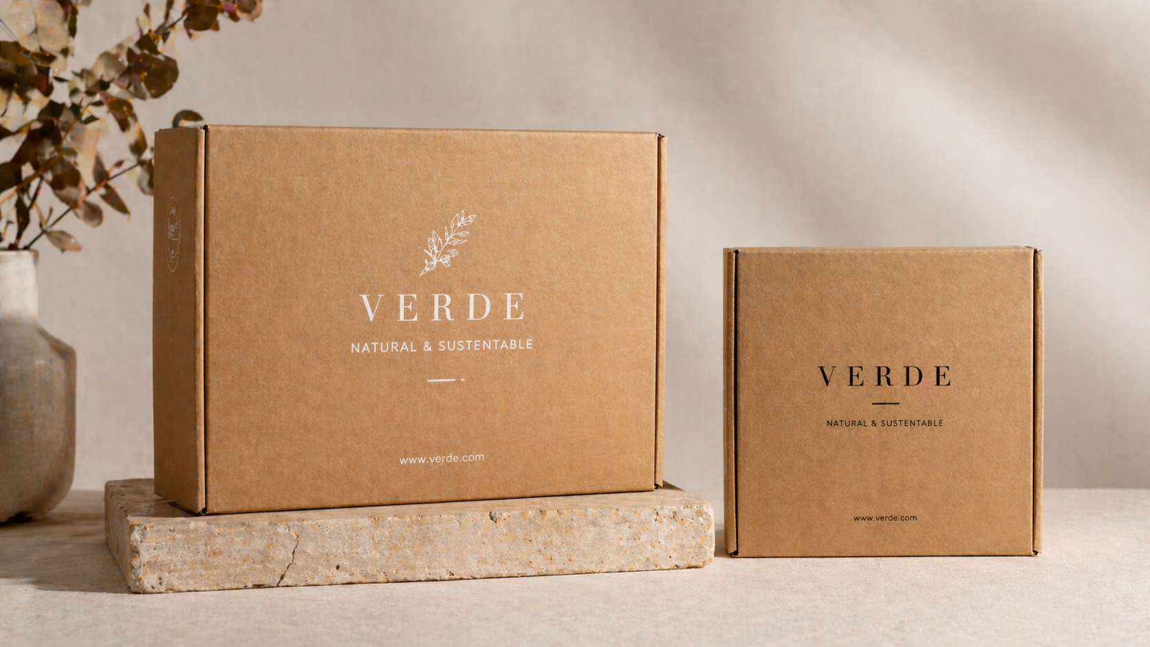 Empaques de cartón kraft minimalistas con branding ecológico “Verde”, presentados en diferentes tamaños sobre base neutra, destacando diseño limpio y sostenible.