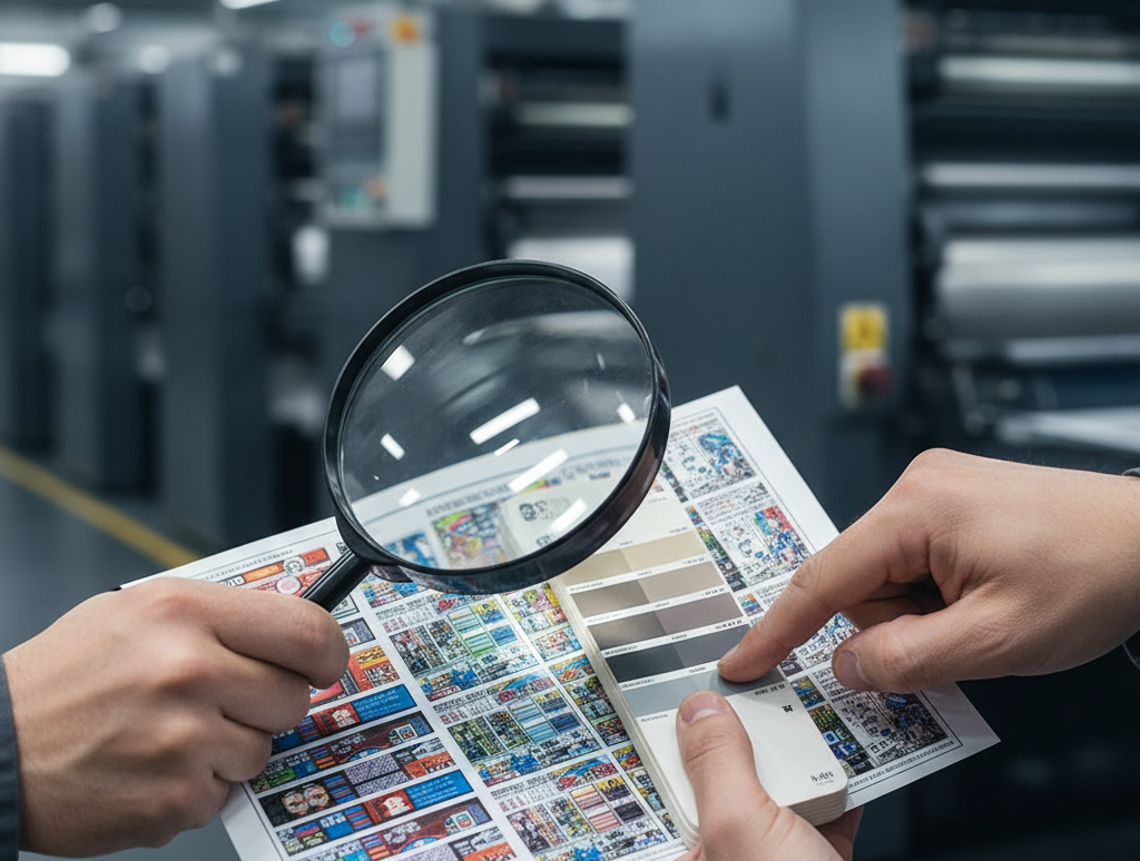 Manos realizando control de calidad en imprenta: una sostiene una lupa sobre una hoja de pruebas con múltiples diseños impresos mientras la otra compara colores usando una guía Pantone.