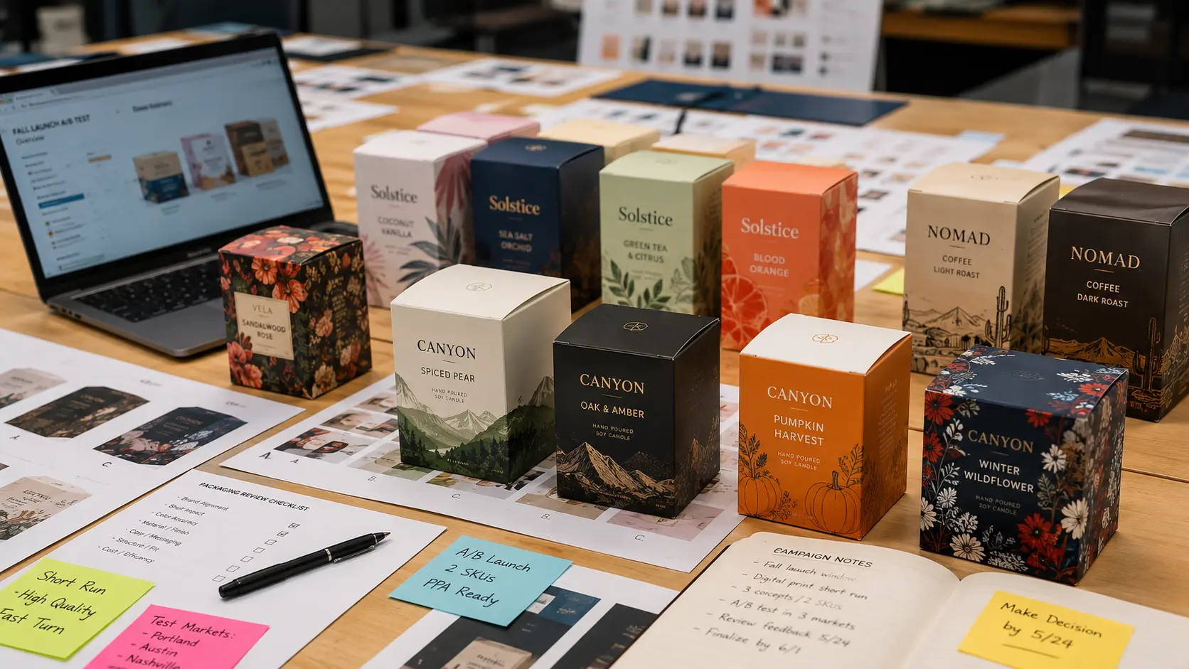 Mesa de trabajo con varias cajas de productos Solstice, Canyon, Nomad y Vela durante una revisión de empaques, acompañadas de bocetos impresos, notas adhesivas, una laptop y libreta de campaña.