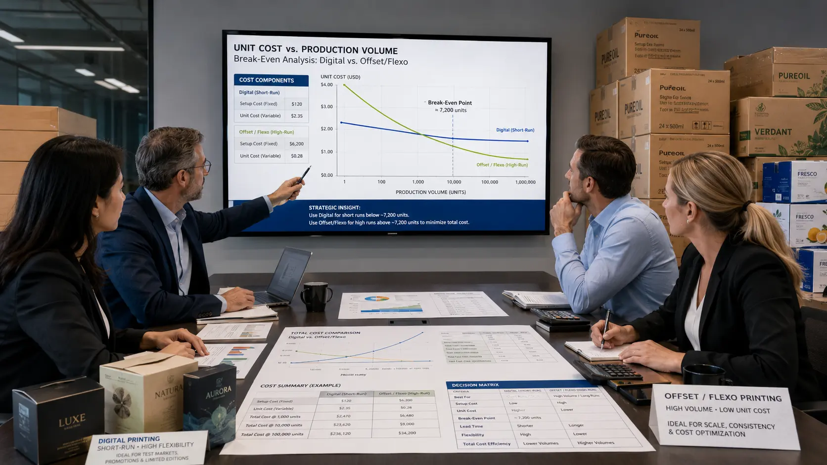 Equipo de negocios revisando en una sala de reuniones una pantalla con análisis de costos entre impresión digital y offset/flexo, junto a muestras de empaques y cajas de productos apiladas al fondo.