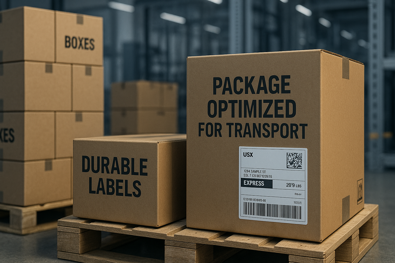 Cajas de cartón con impresiones industriales apiladas sobre pallets en un almacén. En primer plano se leen las frases “Package optimized for transport” y “Durable labels”. La escena muestra empaques resistentes y etiquetas diseñadas para garantizar protección y eficiencia en la logística de transporte. Funcionalidad y estética en empaques