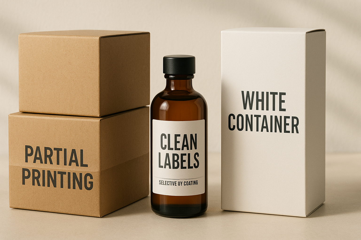 Composición minimalista con cajas de cartón y un frasco ámbar con etiqueta “Clean Labels”. A su lado se observa un envase blanco con el texto “White Container”. La imagen resalta la estética limpia, el uso de impresión parcial y acabados con barniz selectivo en envases premium. Funcionalidad y estética en empaques