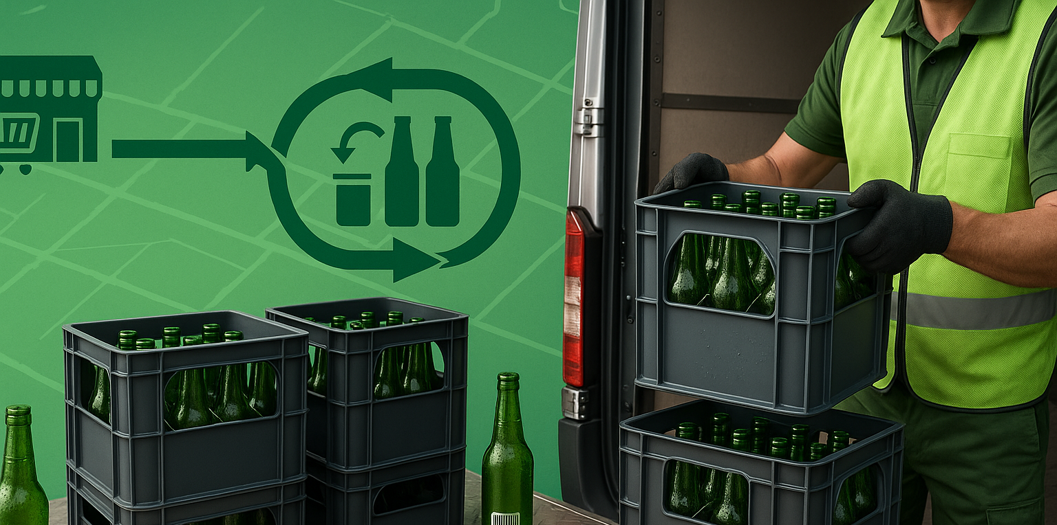 Trabajador cargando botellas Trabajador cargando botellas de vidrio retornables en cajas plásticas modulares dentro de un camión de reparto, con un fondo estilo infografía que muestra el ciclo de retorno entre supermercado y planta embotelladora.