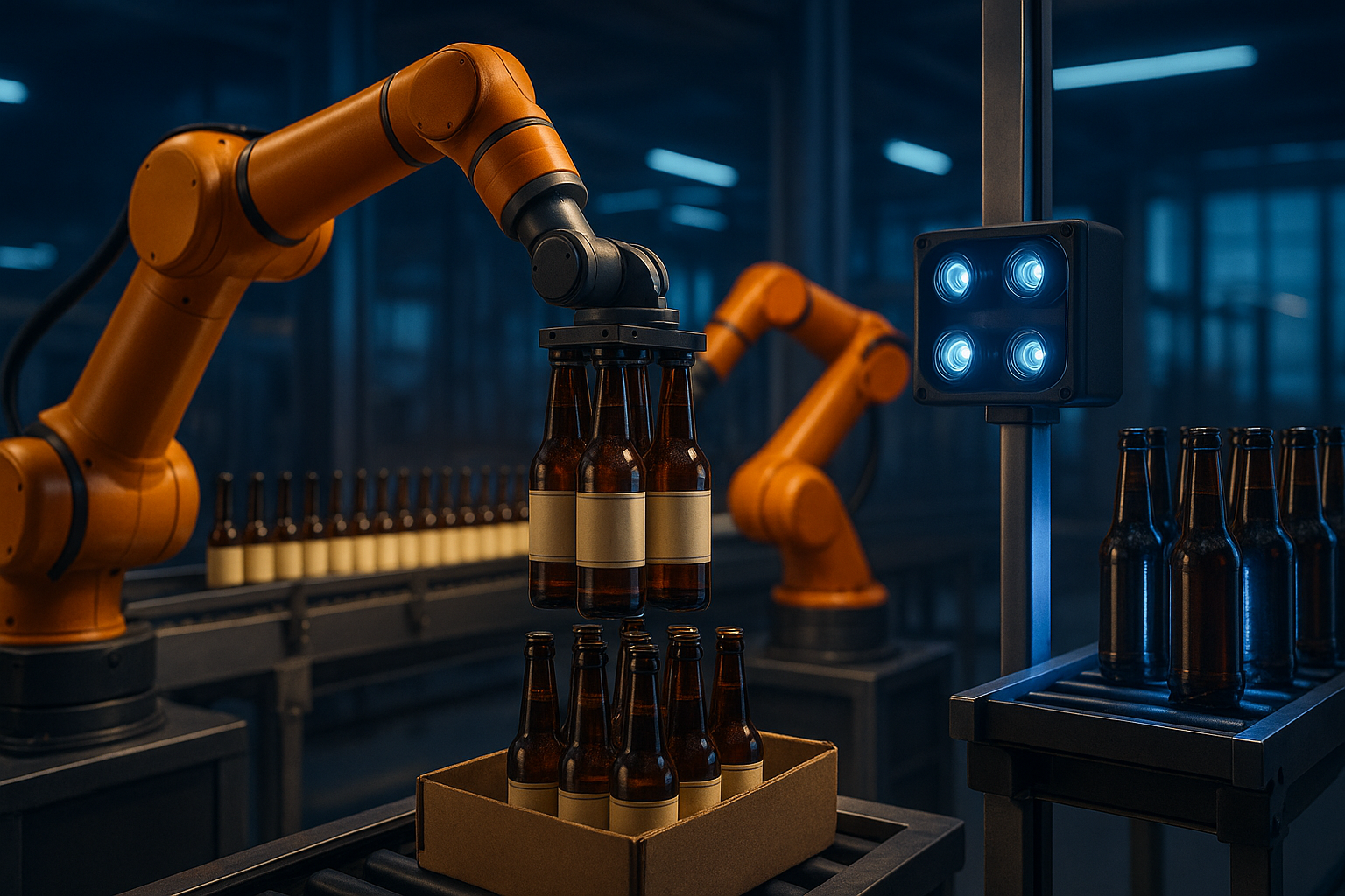 Cobots y visión artificial Brazos robóticos aplicando etiquetas y apilando botellas de vidrio en una línea de producción, con un sistema de visión artificial que inspecciona con luz azul intensa para garantizar precisión y eficiencia. línea de envasado