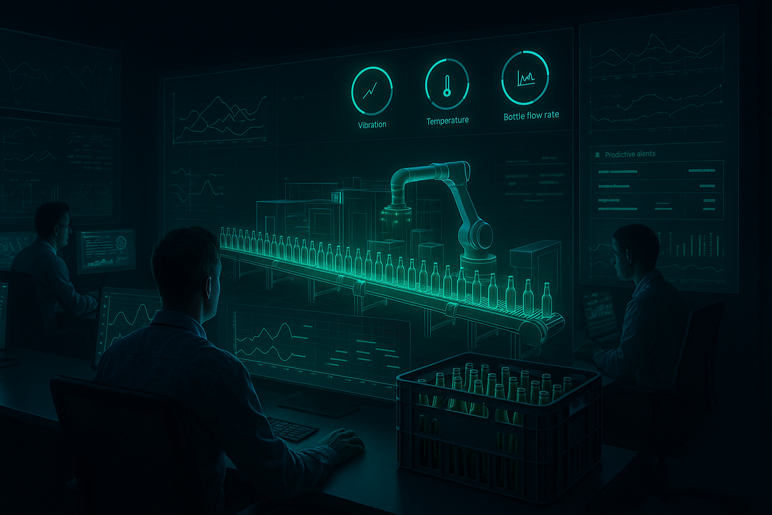 Gemelos digitales y mantenimiento predictivo Sala de control industrial con operadores monitoreando un gemelo digital de una línea de embotellado, desplegado en pantallas holográficas con datos de vibración, temperatura y flujo de botellas en tiempo real. línea de envasado
