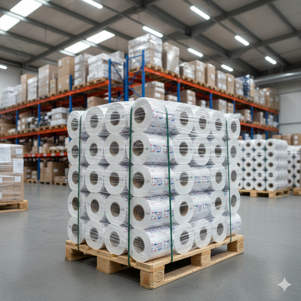 Palet cargado con rollos de película impresa para empaque flexible, almacenado en un almacén industrial con estanterías y cajas apiladas. Flexografía vs. Offset y Digital