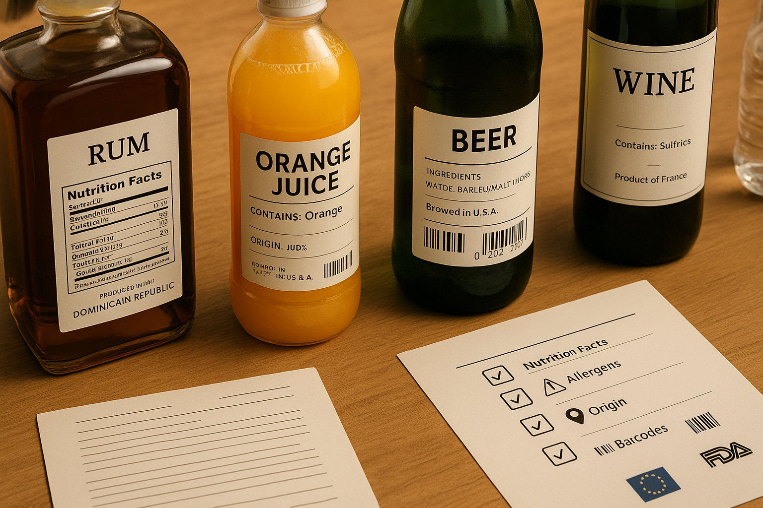 Vista en primer plano Vista en primer plano de botellas de bebidas con etiquetas que muestran datos nutricionales, advertencias de alérgenos, país de origen y códigos de barras; en la mesa hay una lista de verificación con íconos de la FDA y la Unión Europea. requisitos de etiquetado