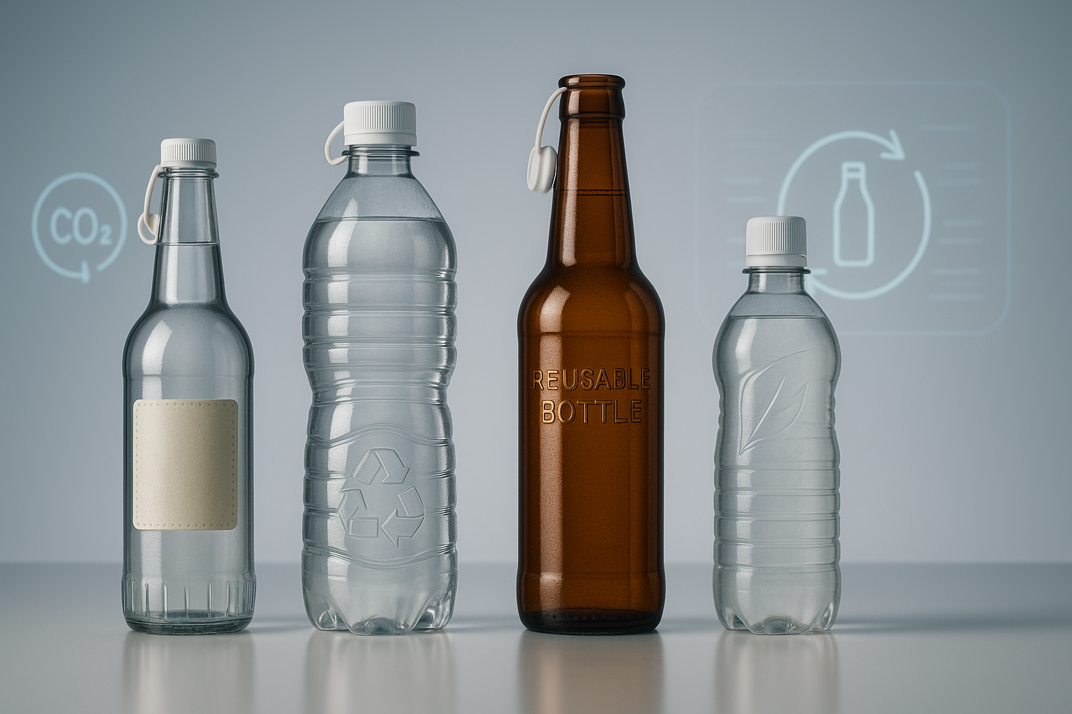 Retornabilidad, ecodiseño y tethered Retornabilidad, ecodiseño y tethered caps
Alt: Fila de botellas reutilizables de vidrio y PET sobre superficie reflectante, con tapones adheridos, etiquetas lavables y relieves; al fondo, hologramas muestran gráficos de reducción de CO₂ y ciclos de reutilización. packaging