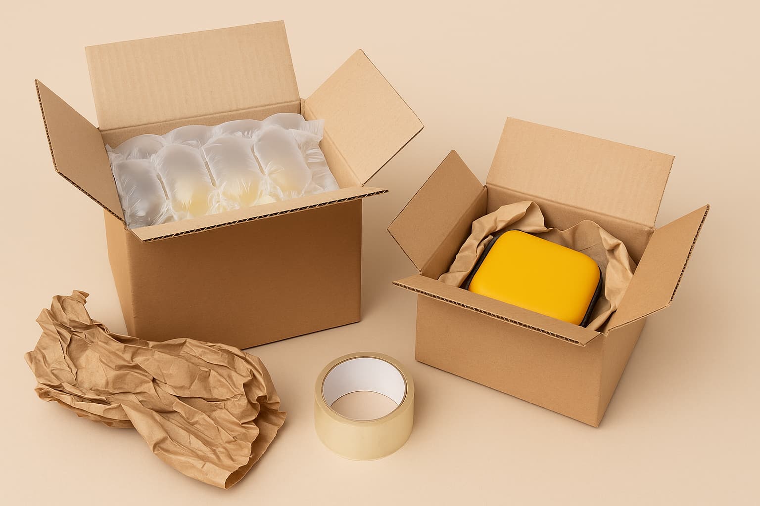 Dos cajas de cartón abiertas Dos cajas de cartón abiertas sobre una superficie beige, una con almohadillas de aire protegiendo un objeto y otra con papel kraft envolviendo un estuche amarillo. Alrededor hay cinta adhesiva y papel arrugado, representando soluciones de empaque seguras y eficientes para envíos en e-commerce. E-commerce