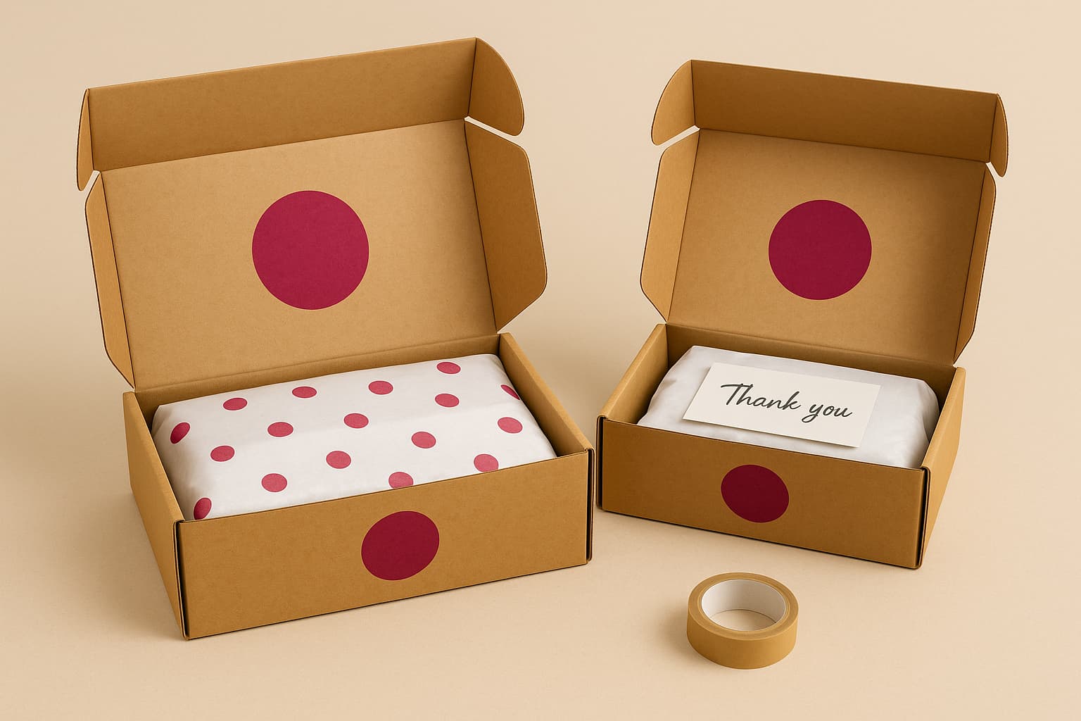 Dos cajas de cartón abiertas con diseño de branding en color magenta. Una contiene papel de seda con puntos Dos cajas de cartón abiertas con diseño de branding en color magenta. Una contiene papel de seda con puntos y la otra una nota de agradecimiento sobre papel blanco. Ambas cajas destacan por su presentación cuidada, representando el empaque como parte esencial de la estrategia de marca en e-commerce.