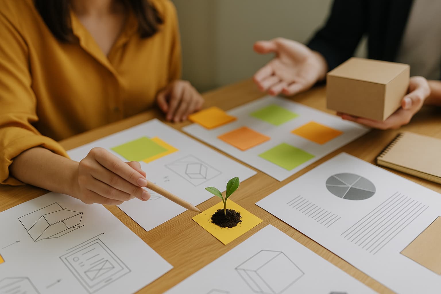 Una mujer profesional participa en una sesión creativa Una mujer profesional participa en una sesión creativa de diseño de empaque. Sentada frente a una mesa de madera clara, sostiene un lápiz y señala una pequeña planta que brota de una nota adhesiva amarilla. A su alrededor hay esquemas de cajas, gráficos circulares y notas de colores, mientras otra persona sostiene una caja de cartón, simbolizando el nacimiento de ideas y el enfoque colaborativo en soluciones de packaging personalizadas.