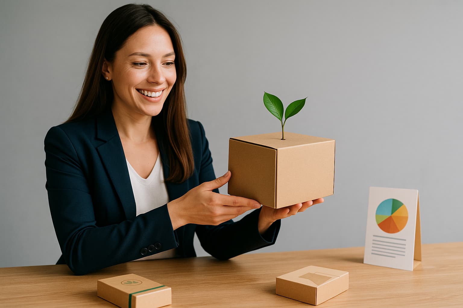 Una mujer sonriente sostiene una caja de cartón Una mujer sonriente sostiene una caja de cartón de la que brota una planta verde, simbolizando el crecimiento y la transformación de ideas en soluciones de empaque sostenibles. Está vestida con un blazer azul marino y una blusa blanca, sentada frente a una mesa de madera donde hay otras cajas pequeñas y una tarjeta con un gráfico de colores. El fondo gris neutro resalta el enfoque profesional y moderno de la escena.
