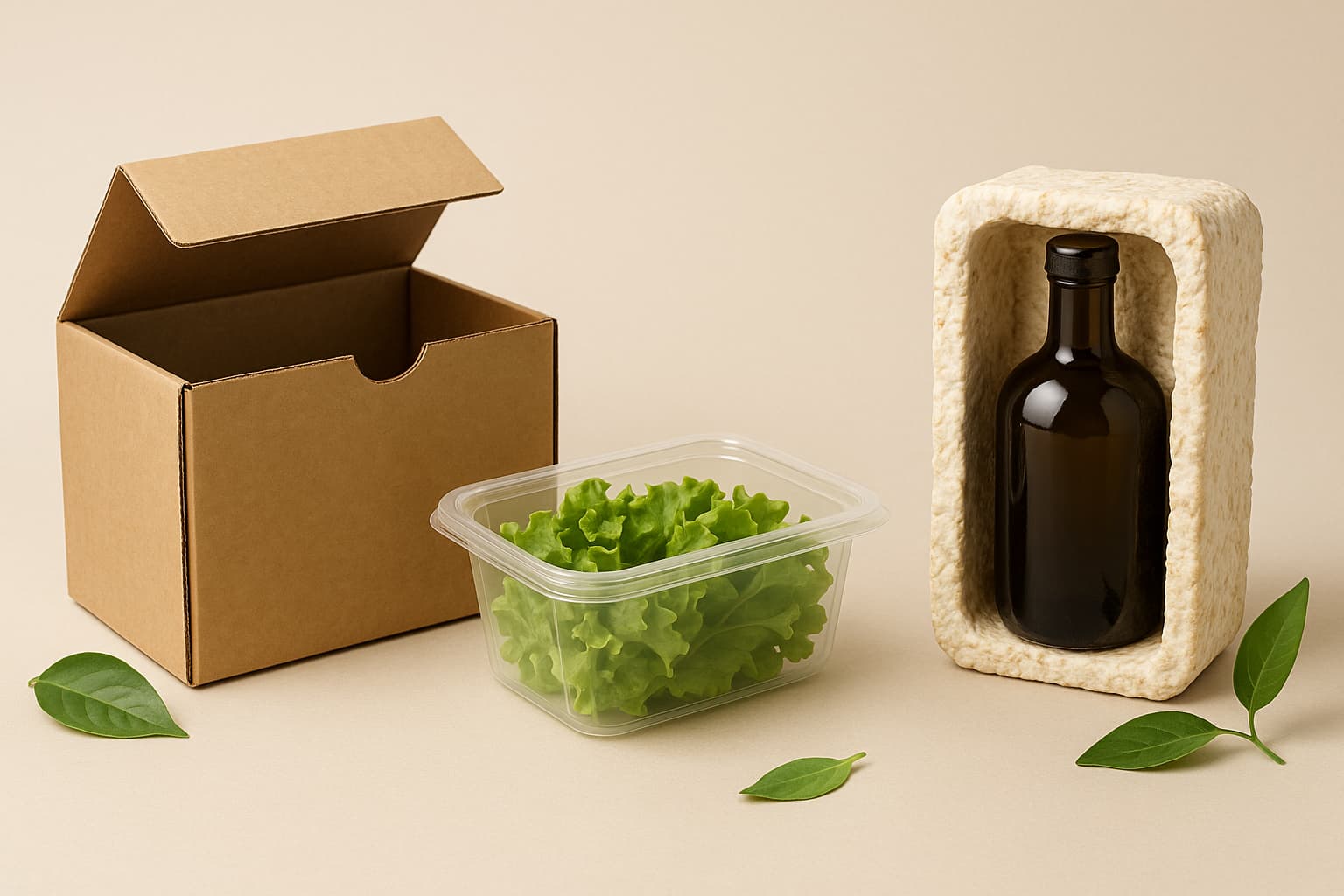 Empaques sostenibles: caja de cartón Empaques sostenibles: caja de cartón reciclado, contenedor PLA con lechuga y bloque de micelio protegiendo una botella, sobre fondo beige con hojas verdes.