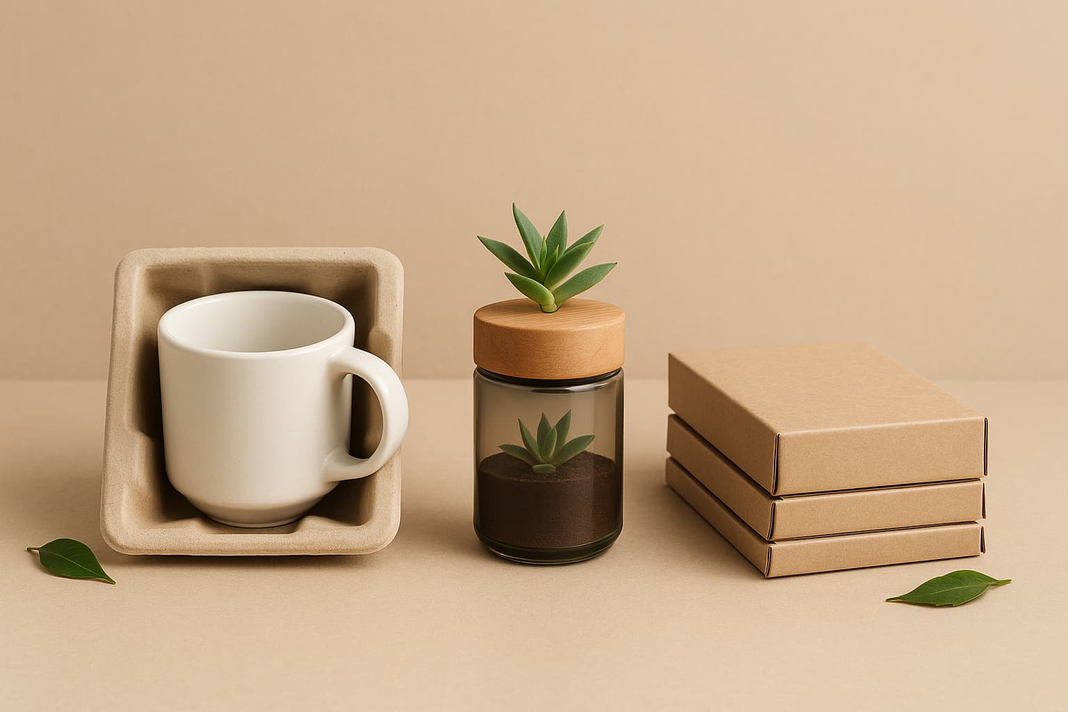 Diseño de empaque inteligente: taza Diseño de empaque inteligente: taza cerámica ajustada en soporte de pulpa moldeada, tarro de vidrio reutilizable con suculenta y tapa de madera, y tres cajas de cartón apiladas, sobre fondo beige con hojas verdes.