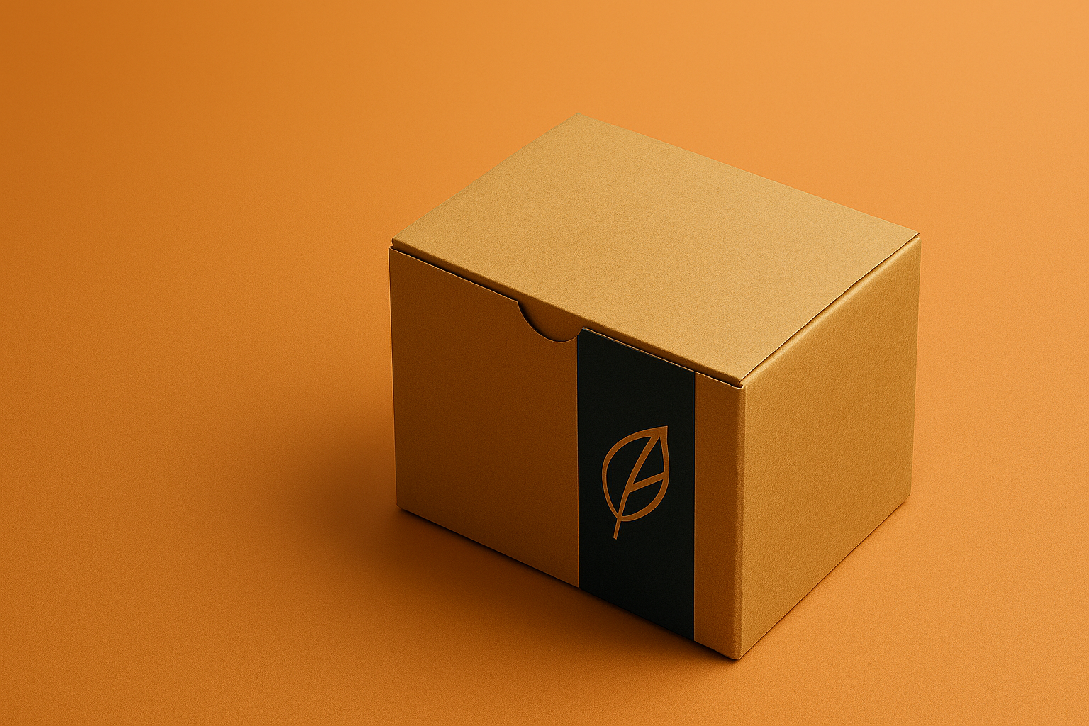 Caja de cartón cerrada de color marrón Caja de cartón cerrada de color marrón claro con una banda vertical negra que muestra un ícono de hoja en el centro. La caja está centrada sobre una superficie naranja uniforme, con iluminación suave y sombras tenues que destacan su forma rectangular y minimalista. Invertir en Empaque
