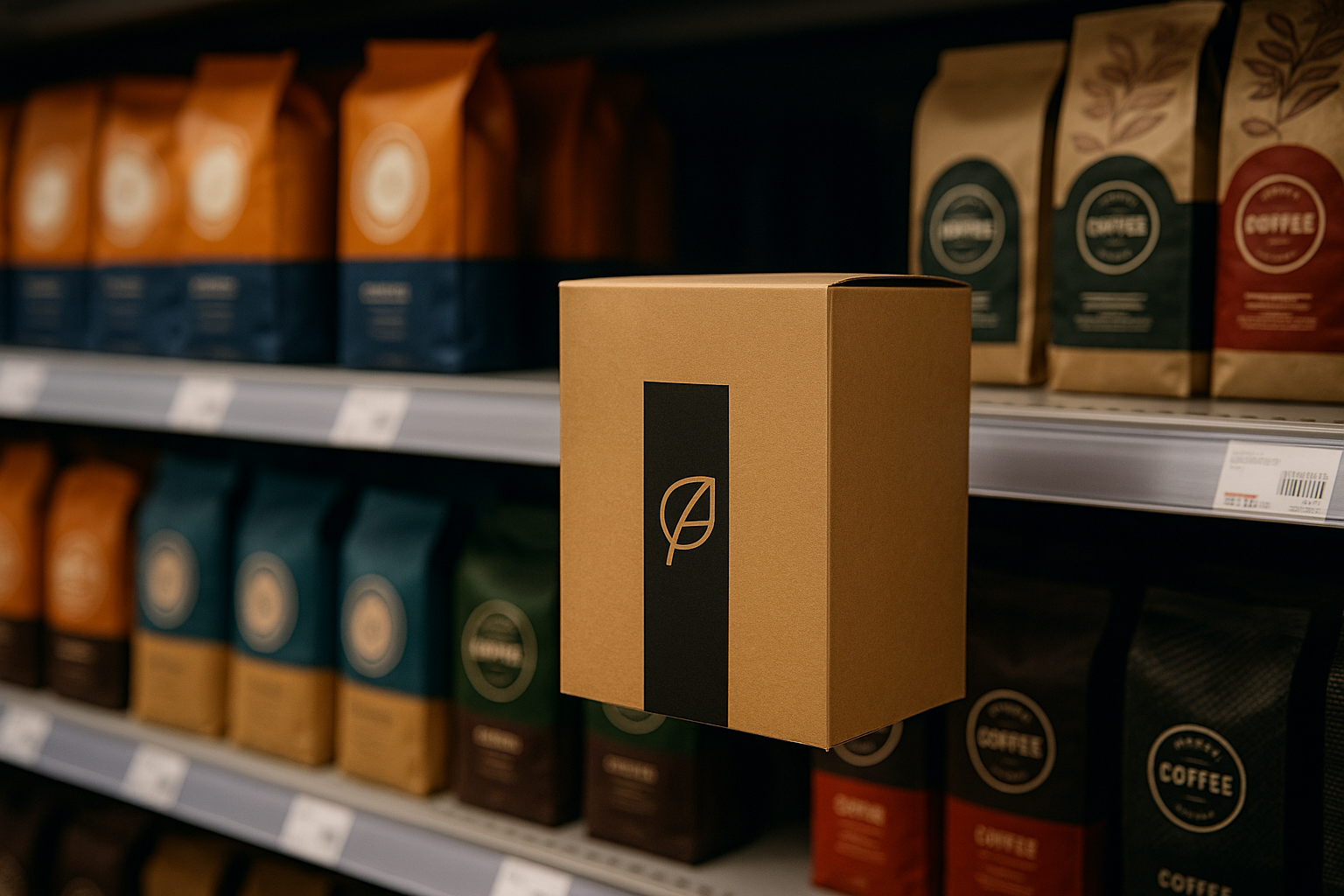 Anaquel de supermercado Anaquel de supermercado con múltiples empaques de café en distintos colores y diseños. En primer plano destaca una caja minimalista de cartón marrón con una banda negra vertical que lleva un ícono dorado de hoja. La caja sobresale del estante, captando la atención entre los demás productos. Invertir en Empaque