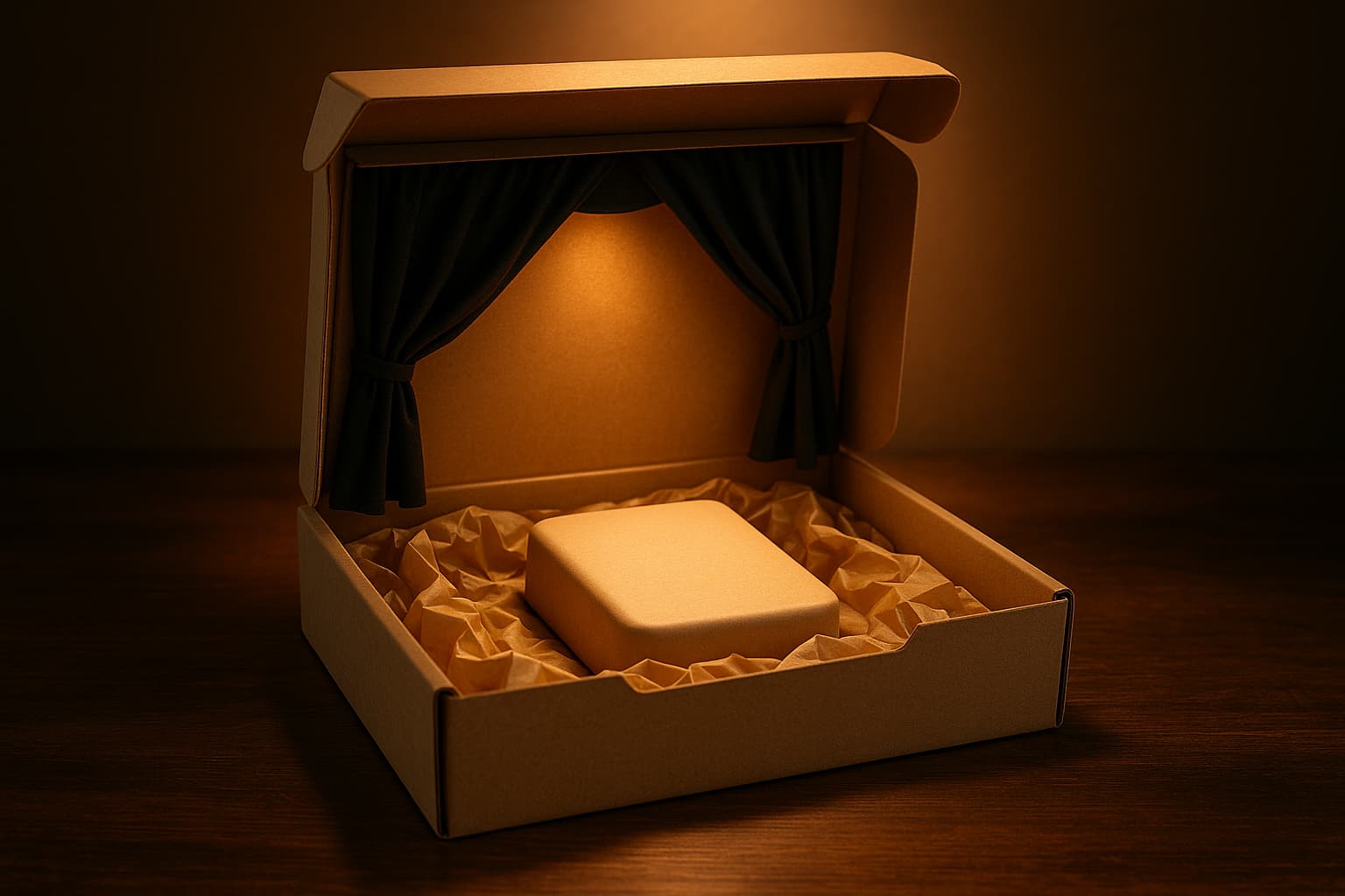 Una caja de cartón abierta colocada Una caja de cartón abierta colocada sobre una superficie de madera oscura. En su interior, un producto está envuelto en papel de seda arrugado, iluminado por una luz cálida y suave desde arriba. Cortinas negras enmarcan el fondo interior de la caja, evocando la atmósfera de un escenario teatral, resaltando la presentación del producto como si fuera el protagonista de una obra.