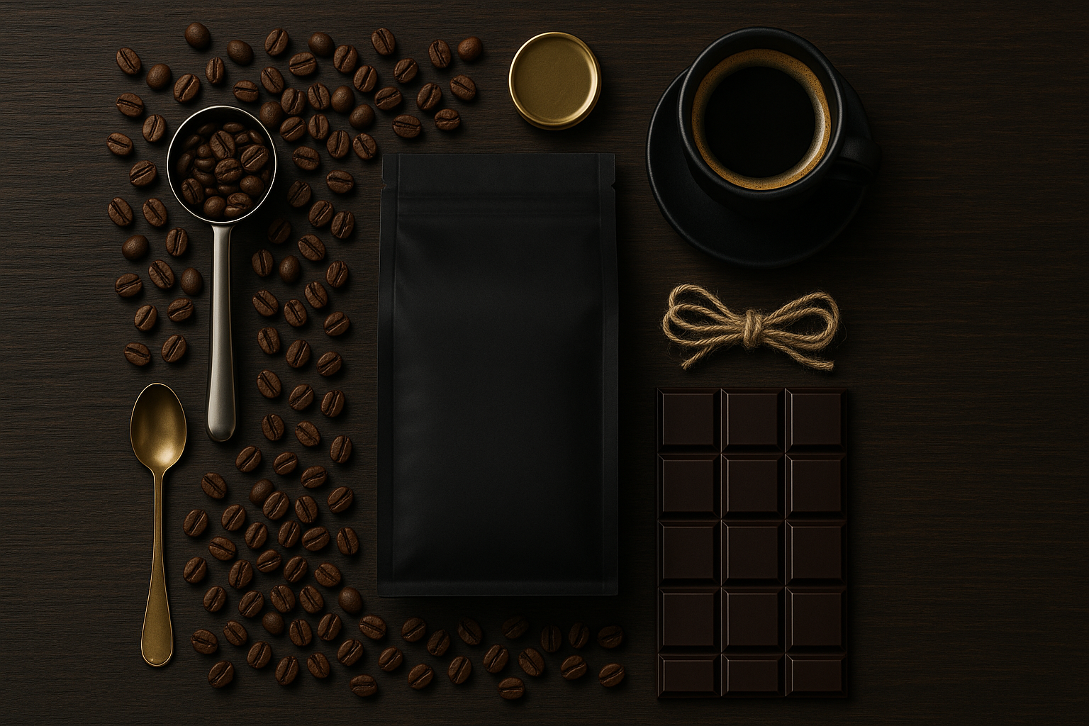 Un empaque de café de lujo en color negro mate Un montaje fotográfico de tipo 'flat lay' (cenital) sobre un fondo de madera oscura. En el centro, hay un empaque de café de lujo en color negro mate