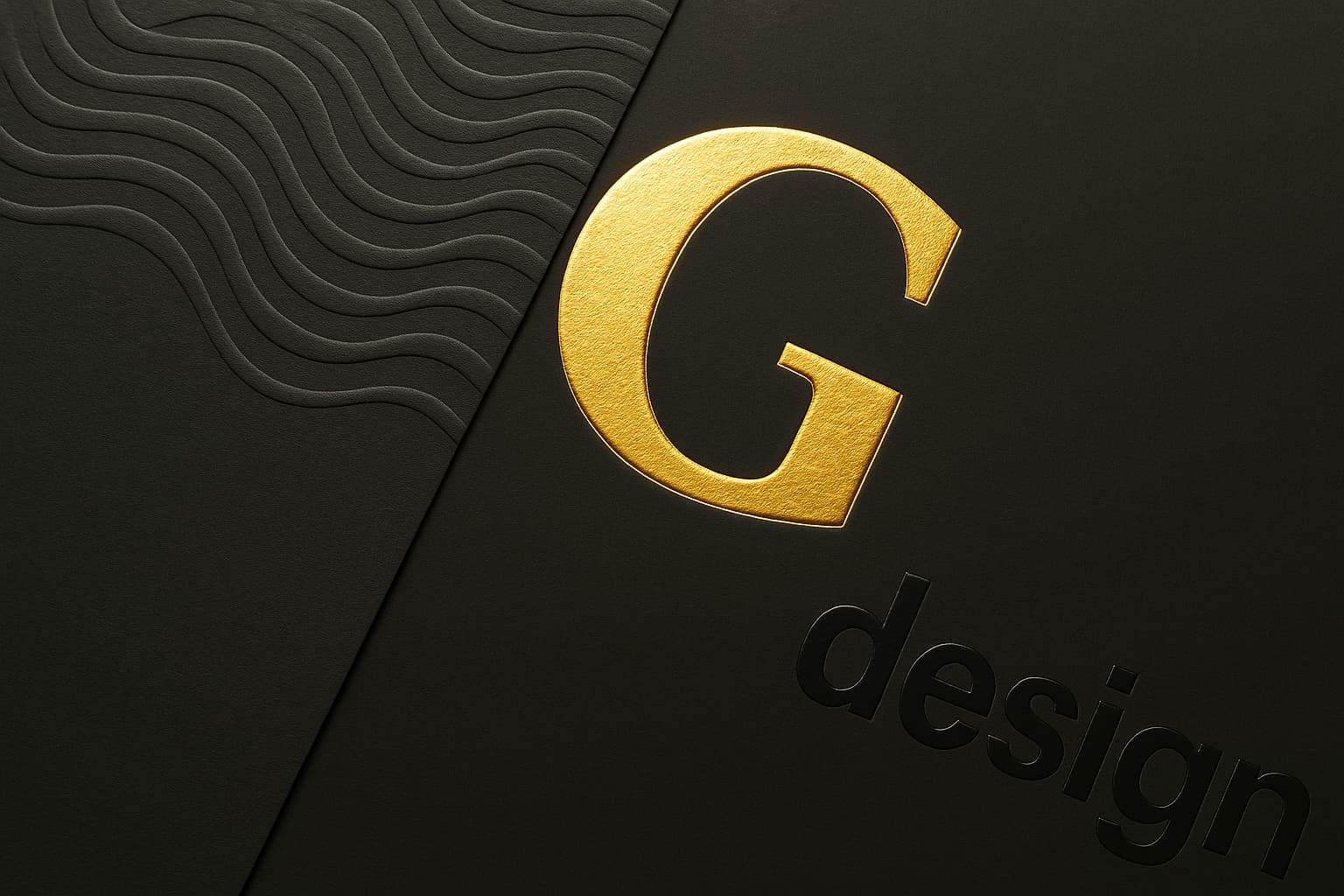 Primer plano de una composición Primer plano de una composición de empaque que muestra tres técnicas de acabado: a la izquierda, un patrón abstracto en relieve sobre cartón oscuro; en el centro, una letra "G" con estampado metálico dorado brillante; y a la derecha, la palabra "design" resaltada con barniz selectivo brillante sobre un fondo mate. La iluminación lateral destaca las texturas y los brillos de cada técnica sobre un fondo neutro y oscuro.