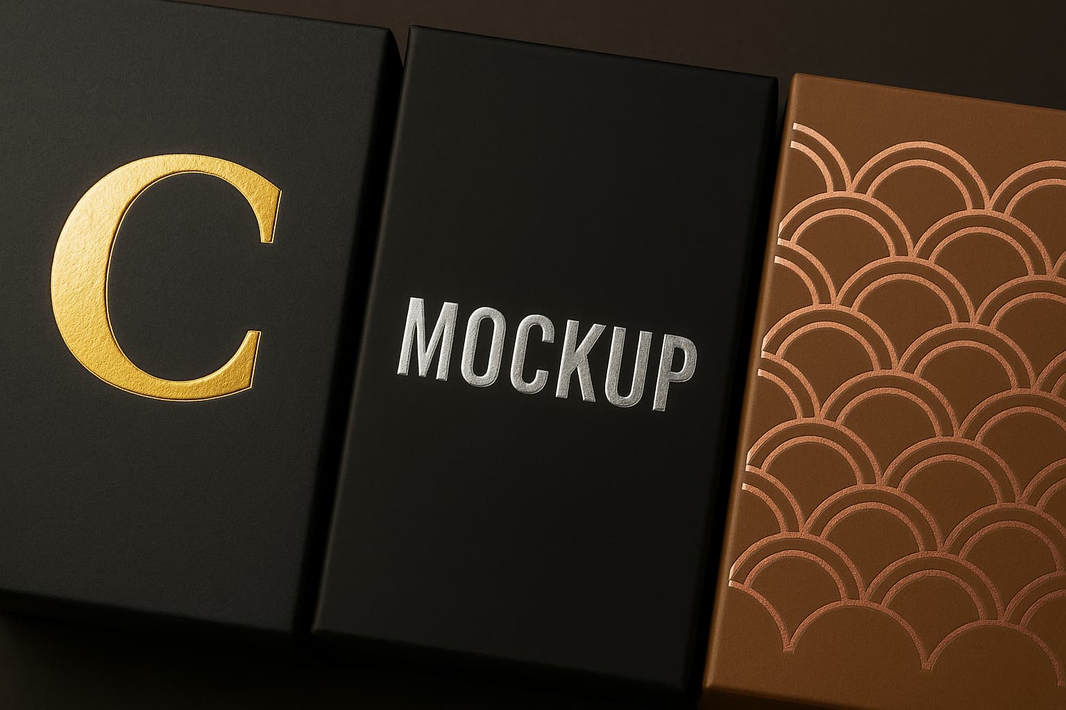 Tres empaques alineados Tres empaques alineados horizontalmente sobre un fondo oscuro, cada uno mostrando un acabado metálico diferente: el primero con una gran letra “C” en estampado dorado, el segundo con la palabra “MOCKUP” en foil plateado, y el tercero con un patrón decorativo de ondas en estampado oro rosa sobre un fondo marrón. La iluminación resalta el brillo de los acabados metálicos y las texturas de cada diseño.